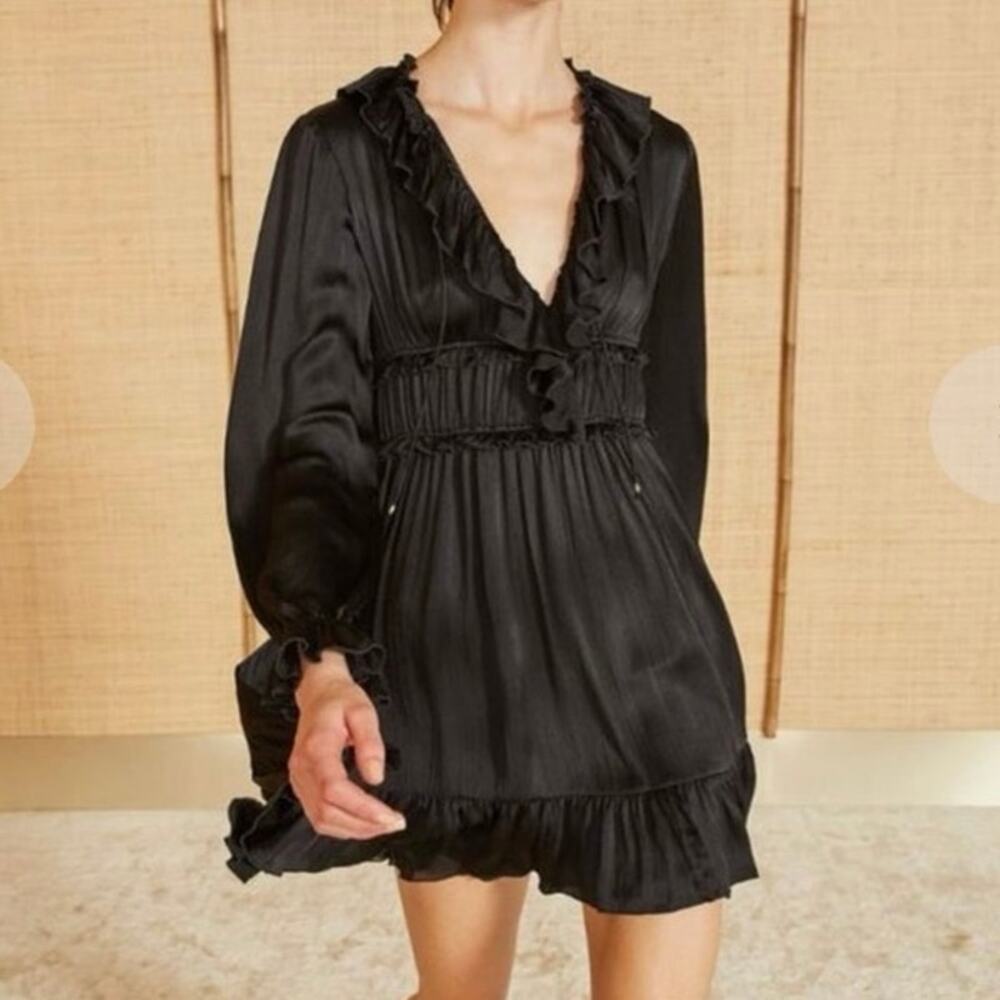 Ulla Johnson Callista Noir 100% Silk Ruffled Long Sleeve Crinkle Pleated Dress 4